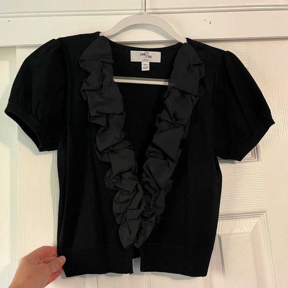 ONE7SIX Black Ruffle Women's Crop Shrug Sweater